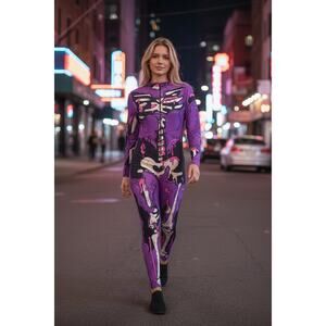 Badinka Purple Skeleton Print Halloween Jumpsuit Costume Bodysuit Size Small